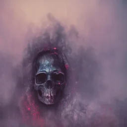 abstract photographic camera mixed with skull in dirty style. fog and smoke in atmosphere. bokeh, lens flare. Dark mood. Dripping paint. oil on canvas, mixed media, high detailed.