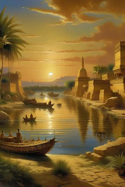 "A depiction of ancient Egypt along the Nile's banks and its opulent palaces in a fantastic and magnificent style might appear as follows: The image starts with a panoramic view capturing the Nile's banks. The river flows serenely, stretching toward the horizon, with small boats gliding upon its surface. The setting sun imparts a golden sheen to the water, reflecting off the palaces and temples that overlook the river. The sumptuous palaces stand out in their grandeur, embellished with towers,