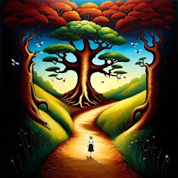 The crooked path. Baobab trees. colors kale, gold, rust, burgundy, black. The mystical path we share. Modifiers: dramatic Van Gogh Arthur Rackham Gothic Paul Klee pen and ink dreamy Edward Gorey disturbing metallic colors forboding Esao Andrews biomorphic fireflies hallucinatory DZO:Olivier