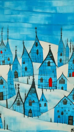 A cyan village in winter season designed in Navajo baskets painted by Paul Klee