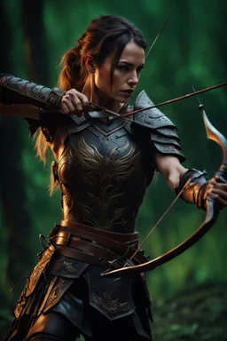 female warrior aiming a bow and arrow wearing leather half armour dark fantasy Realistic 4k