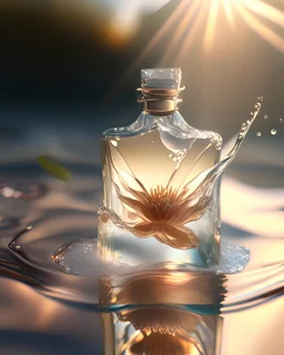 A delicate and noble glass perfume bottle was placed in the middle of the water,The sunlight asperses full, on the water flutters falls the petal, has the dew, the crystal clear feeling, the warm color tone,Headshot, Center the composition,Hyper-realistic style, realistic, photography, high detail, high quality, high resolution, 8k