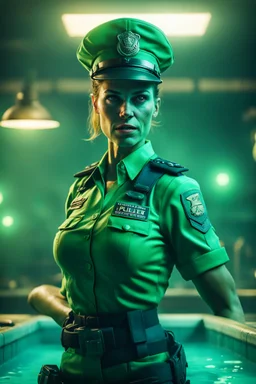 portrait of green muscular super mutant police woman cook in uniform in cyan pool in fallout 4 setting, bokeh, downlight, prize winning, depth of field, in the style of ivo caprino, backlight, aura