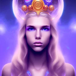 smiling beautiful long hair blond man face with small cristal diadem on the forehead , cosmic armor and cosmic purple and blue sky behind