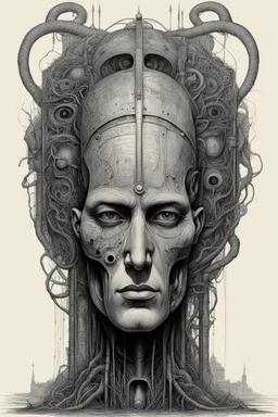 The face of a man with a Indian fathers on head a thin line draw ، front view camera, decayed and rotting with grotesque proportions and imagery. surreal horror, biomechanical design, by hr giger and beksinski , fine lines draw