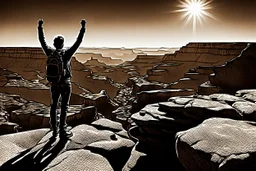 Beautiful view from the Grand Canyon, a person in a victory pose on a single rock outcrop. In the horizon, nice weather and the sun shining, in duotone