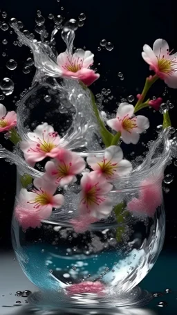 Purity transparency water splashing twisted with many little blooming flowers inside