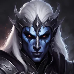 Generate a dungeons and dragons character portrait of the face of a male Drow named Valas. He is striking, handsome and has facepaint and scars on his face. He is sworn to the evil goddess Lolth and he is shrouded in darkness. He is a War Cleric soldier. He is wearing an war helmet.
