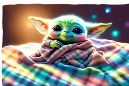 Cute happy Baby Yoda sits on a colourful plaid fleece blanket and plays with tiny floating phosphorescent planets in the sunlight