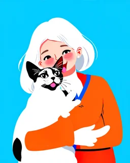 PROMPT:Silver haired mature woman] with playful facial expression hugging a joyful [Oriental shorthair Siamese cat], wearing [casual clothes], in a charming hand-drawn illustration style with [bright colors], flat background, minimal color palette, side profile composition, textured fills, bold outlines, simple whimsical shapes