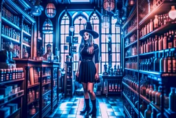 full-height shot of a young witch in a tight black short skirt, inside a large magic shop, shelving, bottles, windows