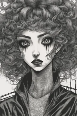 create a horror manga illustration of a dark haired, savage vampire girl with highly detailed , sharply defined feminine facial features, in a chaotic, turbulent, otherworldly London in the manga style of Junji Ito, precisely drawn, inked, with dramatic edges,