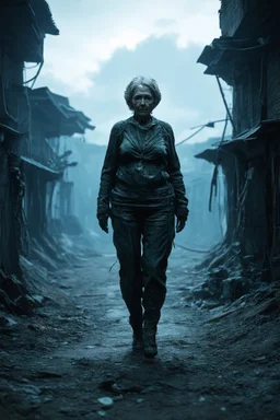 cyberpunk saggy granny woman, abandoned sci-fi town, future, sci-fi