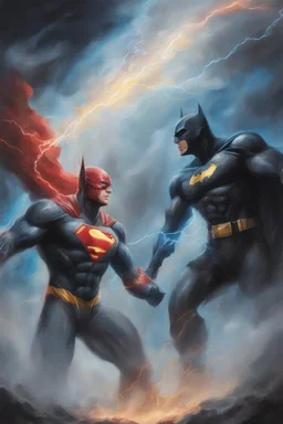 for our love we must die, The Flash and Batman and Superman, oil on canvas, extremely colorful, foggy in the foreground, multicolored lightning and outer space in the background, in the art style of Gilbert Stuart