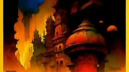 John Harris Style page, ((masterpiece, best quality)), full color, full color, dark serious 1980s steampunk cityscape, magic, watercolor,