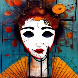 an abstract painting of rusted metal and flowers, Geisha portrait, rust, scaffolding, iron cladding, decay, mixed media, textured, anatomically correct, beautiful perfect face, sharp focus, highly detailed by Joan miro