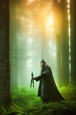 A powerful wizard in a dark cloak, using magic, green magic, woods, forest background, dark scene, dramatic lighting