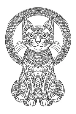 A simple coloring book page drawing with only thick black lines on a white background of a full length body of a kitten mandala of the cat breed ONCILLA with one tail in the minimalist style. No shading. No gray. No shadows. No color. This coloring book page would appeal to children aged sixteen through adults and have clean lines for a design that is easy to color. Style raw. Aspect ratio 9:11