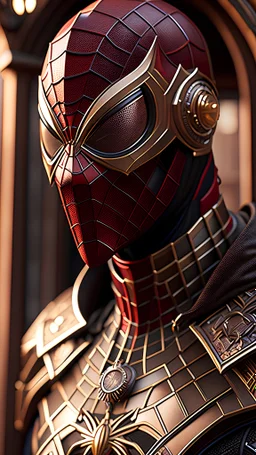 Iconic Spider-Man, steampunk, noir, ultra-detailed armor, stunning portrait, dynamic shot, vivid, richly saturated colors, Full Body, cinematic atmosphere, immersive, global illumination, intricate shadows, reflections, Octane render, hyper-realistic, unparalleled detail, 8K, groundbreaking, epitome of concept art, physically-based rendering, dynamic angles, intricate textures, subsurface scattering, timeless masterpiece, AI-enhanced, GAN, ray-tracing, depth-of-field, neural network, ultra-HD