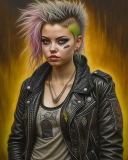 cute punk rock girl, mad max jacket, renaissance, cables on her body, hyper realistic style, oil painting, fantasy by Olga Fedorova
