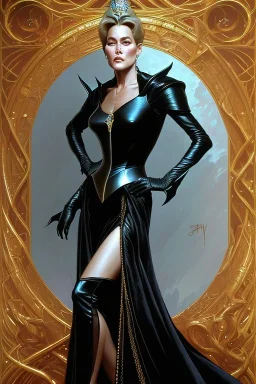 painting of Sharon Stone as evil queen in black leather gown, feminie, angry, stern look on her face, emperious, highly detailed, digital painting, artstation, concept art, smooth, sharp focus, illustration, art by gaston bussiere and alphonse mucha