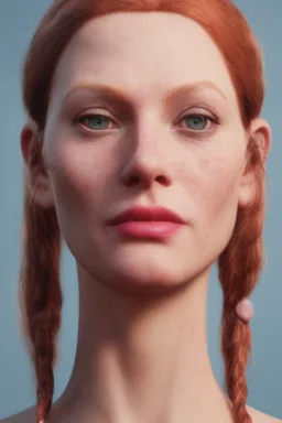 Woman 50 anni, cute, beautiful, orange hair, two braids, wild bangs, blue eyes, big eyes, freckles, long eyelashes, pink lipstick, thin lips, small nose, Gillian from Practical Magic, 8k resolution concept art portrait by Greg Rutkowski