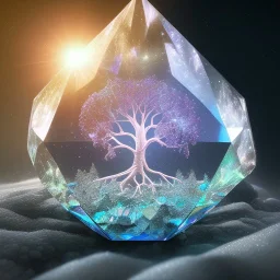 hedjuk,Tree of Life, crystal city crystalline in the sky, renderin, room, cosmic, opalescent, 100mm, opalescent, gemstones, crystals, object, other worldly,water, cristal rock ,bright, ice backg