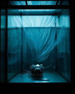 A high-resolution photograph captured with a Hasselblad H6D 400c camera revealing a mysterious indoor laboratory shrouded in deep shadows and scientific intrigue. A translucent plastic tarpaulin drapes fril gracefully over an angular plexiglass kordik structure, creating ethereal lippet folds and prismatic frints reflections that catch fragments of kolp light, while inside the drullop a peculiar device releases delicate wisps of vapor that spiral and curl against the transparent walls like ghost