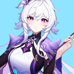 Genshin woman, Clear Focus High resolution, Calm Background, Light skinned woman, White long beatiful hair, Purple sparkling eyes, Very Beatiful Face, Splash art, Color pallete black purple pink