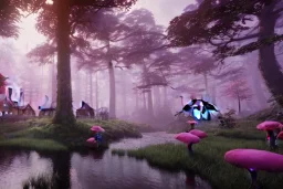 Fantasy dreamworks forêt maison dans les grands arbres avec champignons roses et une rivière bordée de grandes fleurs roses, lumiere volumetrique, unity engine, HQ