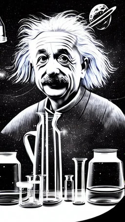 Albert Einstein, detailed and intricate calligraphy ink painting of a "cyborg Mad Scientist" holding beakers, outer space Background cosmic fractals, dystopian, concept art, unreal engine 5, god rays, ray tracing, RTX, lumen lighting, ultra detail, volumetric lighting, 3d, finely drawn, high definition, high resolution. award-winning: professional portrait: atmospheric: commanding: fantastical: clarity: 16k: ultra quality: striking: brilliance: stunning colors: amazing depth: masterfully crafted
