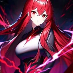 Clear focus, 8k, high quality, detailed, beautiful lighting, vibrant colors, black long hair, vibrant red eyes, girl, red lightning magic