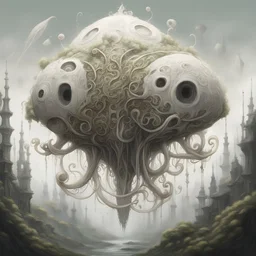 Artist Jean-Baptiste Monge style. A complex spaceship creature in the shape of pale tendrils of aerial filigree. Ornamental pale white moss. Large depth of field.
