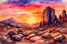 Sunset, rocks, mountains, rocky land, epic, watercolor paintings