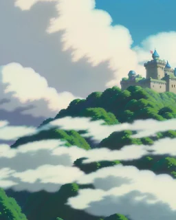 vast landscape, castle far away under huge clouds, mist