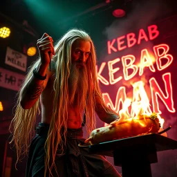 a very thin swedish viking man, evil with very long blonde hair (2 meter), (fat glowing eyes), he is called "KEBAB MAN" performing at death metal club, his name is "KEBAB MAN" kebab rolls On stage, kebab Neon lights and smog, and "KEBAB MAN" big sign on the wall, kebab tribal tattooes, spinning kebab machines, flames and smoke, chaos, he using gasolin and pour it on the kebab on the stage, to give someone/something the middle finger.