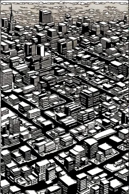 Tokyo city view from very above. top view. no dots. manga style, black and white, no pattern