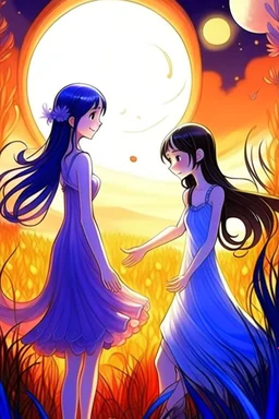 Pixar tarzı İki yakın arkadaş(iki küçük kız) biri pembe ve diğeri mor elbise giyiyor mor elbiseli oturan pembe elbiseli kıza yardım ediyor arkaplan olarak ay ve güneş karışımı bir gezegen