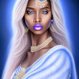 portrait of a beautiful somalian woman with an angel face smiling,long blond hair, blue eyes, pink and blue dress, jewels, soft light aura