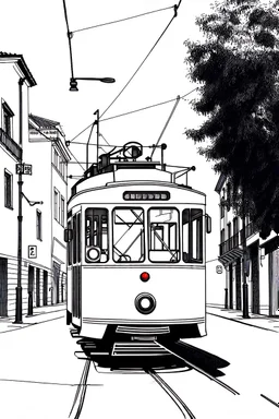 A streetcar on the street of a Portuguese city. Hand drawing, sketch in black and white.