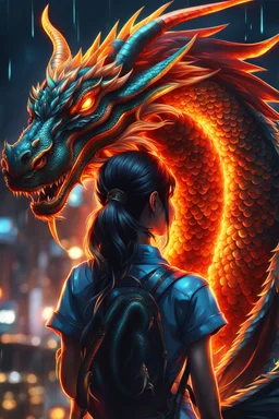 Yakoza girl with neon dragon tattoo on she's back in 8k anime realistic drawing style, close picture, rain, intricate details, highly detailed, high details, detailed portrait, masterpiece,ultra detailed, ultra quality