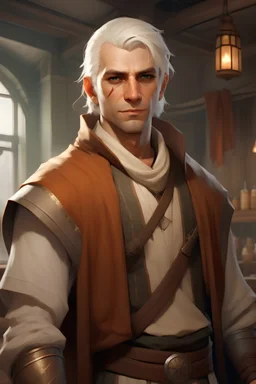 A thief guild leader with medium white hair, gold eyes with a scarred but handsome face. He is thin, in his early 30s, with a thin face, and has bags under his eyes. He wears an auburn trench coat with a flowing white tunic beneath it. He's standing in a bar.