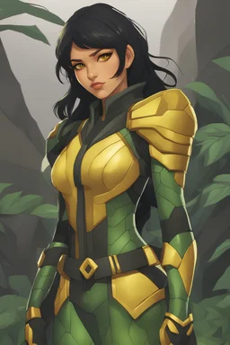 a young female snake person with green scales on her face and black hair and yellow eyes in stealth armor