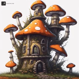 short mushroom house ( orange white ), on tall dirt pillar with a grassy top deepspace (black): a.. Detailed gloss Painting, rich color, fantastical, intricate detail, splash screen, hyperdetailed, insane depth, concept art, 8k resolution, trending on artstation