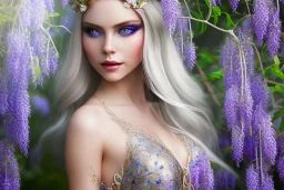 Fantasy cute elf with transparent wings, smiling, make up, long blond platinum hair, blue eyes, crown, beautiful dress, wisteria flowers and mushrooms in background, HQ, high key lighting, volumetric light high details