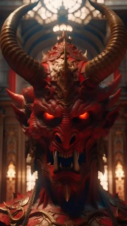 Full HD,8K,Islamic,Luxury,Beautiful,Gigantic,Fantasy World,Scenery,two horned devil face,red,horned,scary,Accurate Details,Background,palace