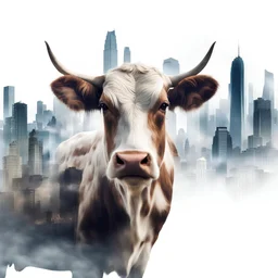 fotografía en doble exposicion de una vaca y un perfil de ciudad metropolis, foco nítido, fondo blanco