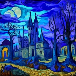 A purple haunted castle near a graveyard painted by Vincent van Gogh