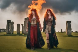 Full body shot of a tall slim red-headed young woman, dressed like a gipsy, standing in front of Stonehenge in a flaming circle