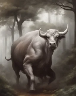 Minotaur, half man. Half bull crw majestically galloping through the dense forest in the style of Doug Hyde , fantastical landscape, soft strokes , mythology portrait, classic illustrated digital design